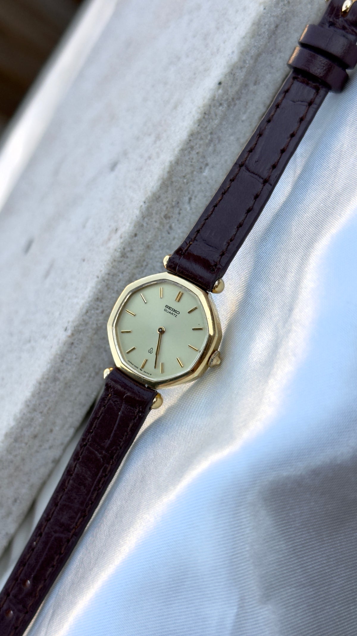 Vintage 1980 Octagon Seiko Watch - Gold Plated Case, Genuine Handmade Leather