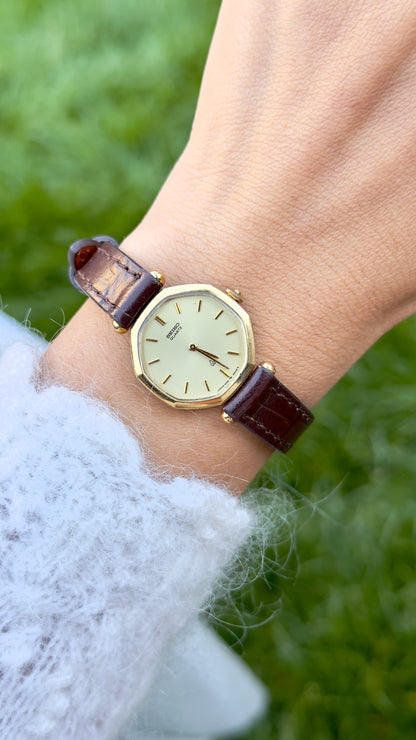 Vintage 1980 Octagon Seiko Watch - Gold Plated Case, Genuine Handmade Leather