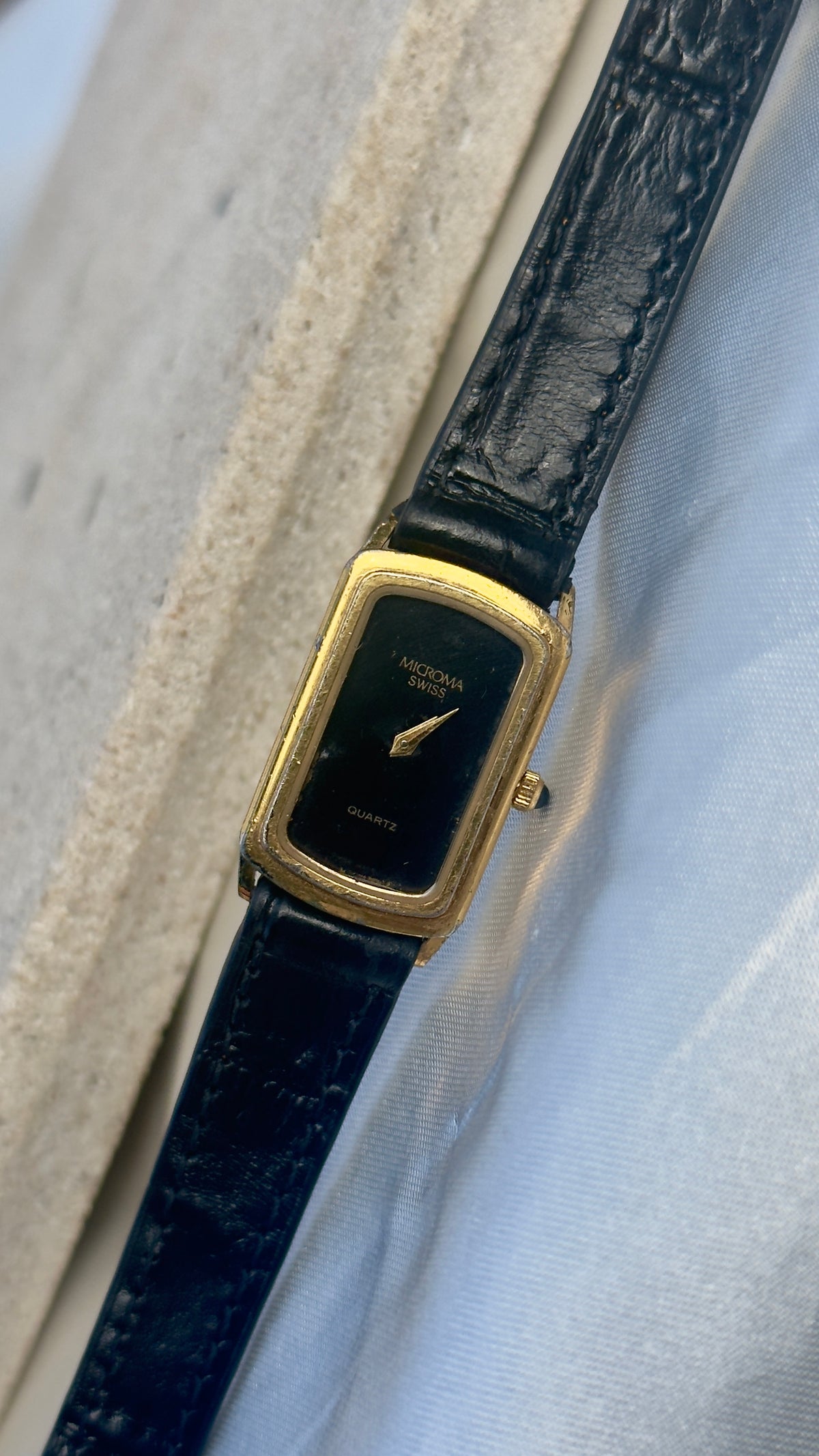 Vintage 1980s Microwa Swiss Watch - Gold Plated Case, Genuine Handmade Leather