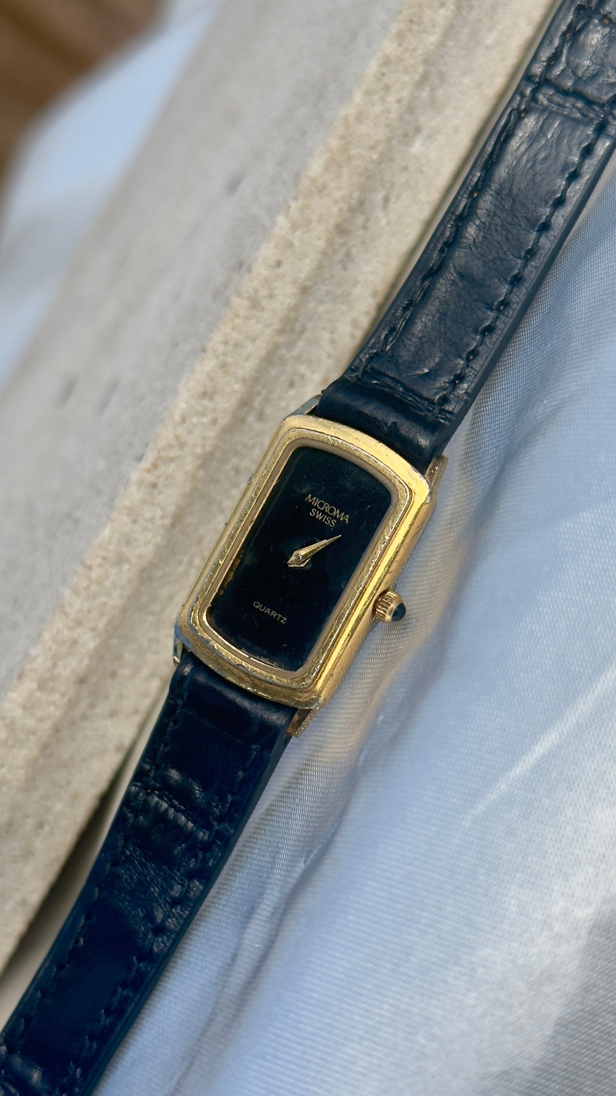 Vintage 1980s Microwa Swiss Watch - Gold Plated Case, Genuine Handmade Leather