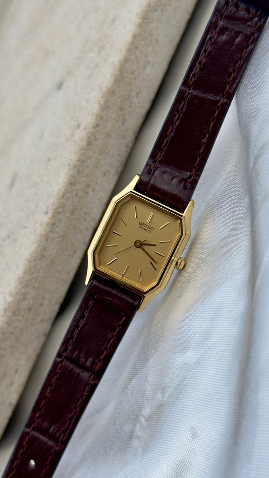 Vintage Seiko Women's Watch 1986 - Champagne Dial, Gold Plated, Handmade Genuine Leather