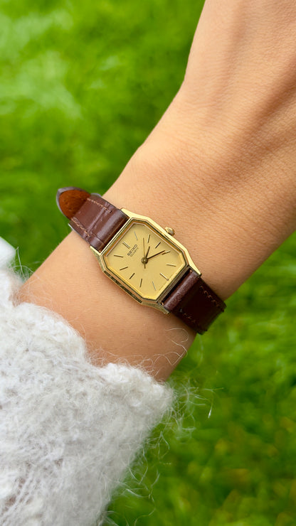 Vintage Seiko Women's Watch 1986 - Champagne Dial, Gold Plated, Handmade Genuine Leather