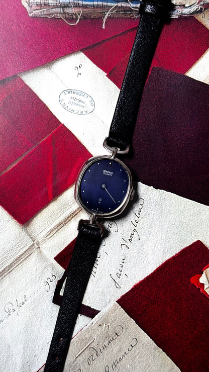 Vintage Seiko 1988 Watch - Palladium Plated, Deep Blue Dial, Bespoke Leather