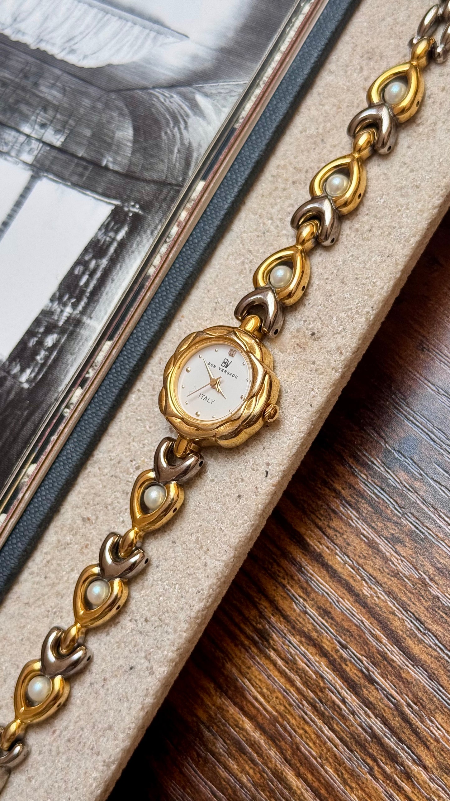 Dainty Ben Versace Watch 1990s - Pearl Bracelet