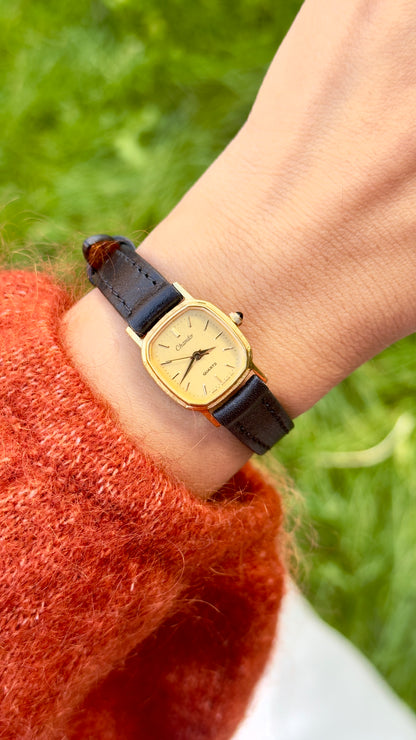ORIENT Chandor Vintage Watch 1980s - Gold Plated, Black Genuine Leather