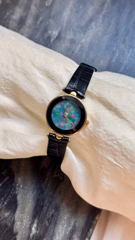 Fabergé Mosaic Opal Dial Watch,  Swiss Movement and Genuine Black Leather Strap 1980s