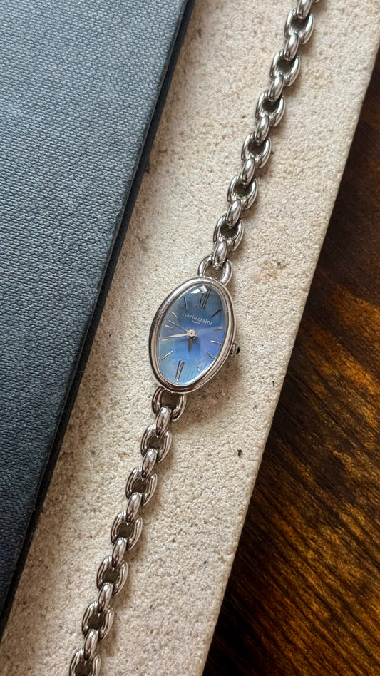Marie Claire vintage watch 1990s - Palladium plated, blue mother of pearl dial, near mint