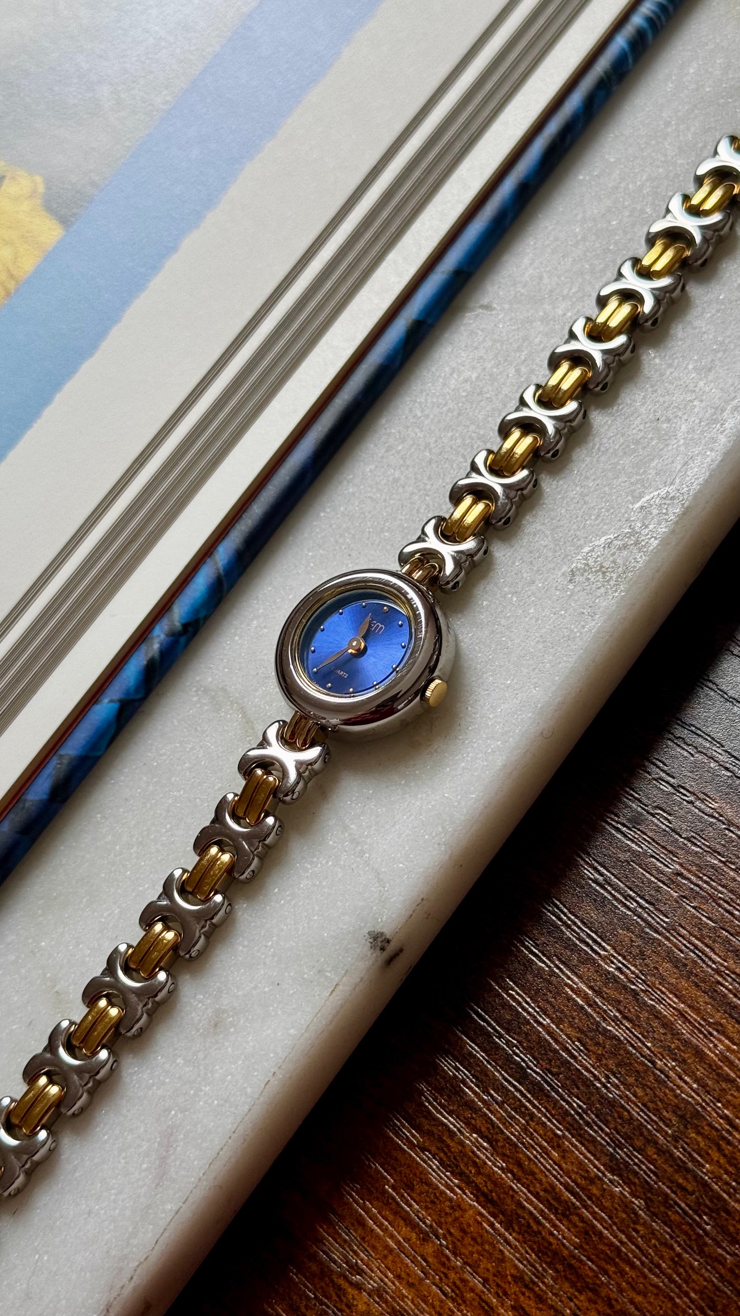 Vintage Citizen Fem Watch 1990s, gold plated, blue sunburst dial, near mint
