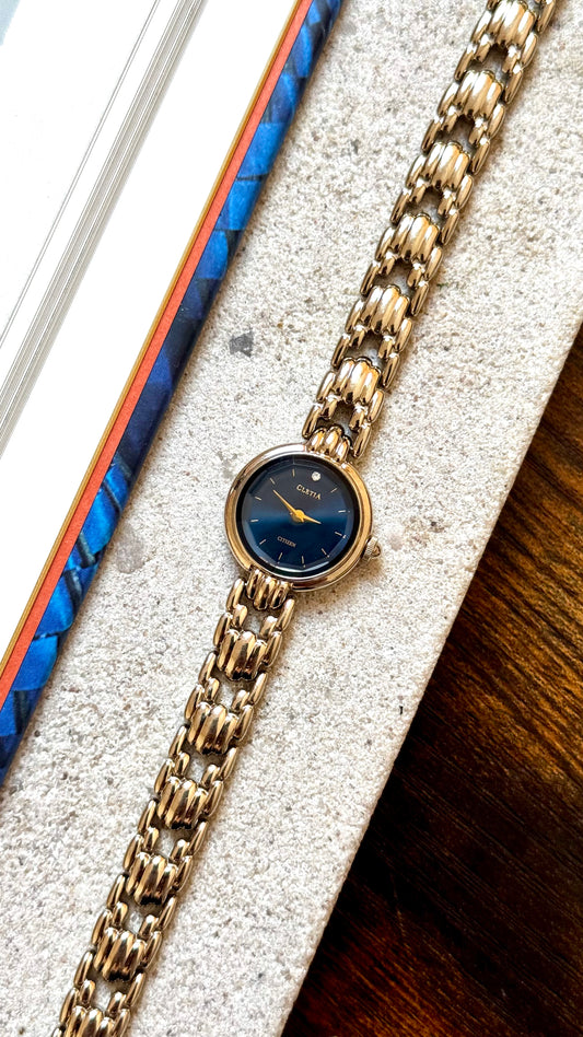 Citizen Cletia Vintage Watch - Champagne Gold Plated, Blue Sunburst Dial