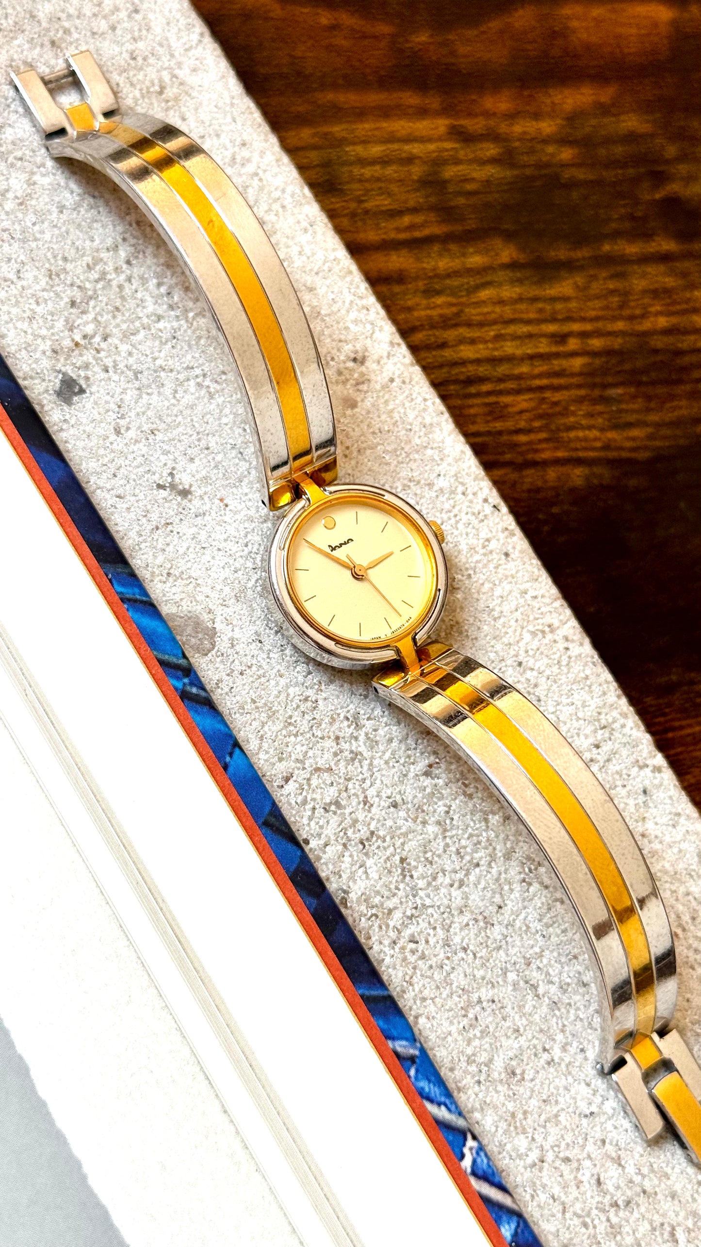 Dana Orient Vintage Bangle Watch 1990s, gold and palladium plated