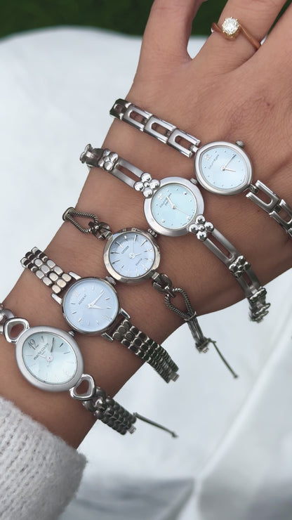 Vintage Baby Blue Dial Watch Collection, 80s 90s Designer Watches, Courrèges Kookai Marie Claire Citizen