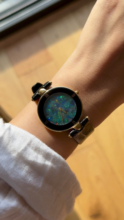 Fabergé Mosaic Opal Dial Watch,  Swiss Movement and Genuine Black Leather Strap 1980s