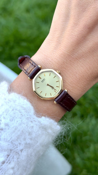 Vintage 1980 Octagon Seiko Watch - Gold Plated Case, Genuine Handmade Leather