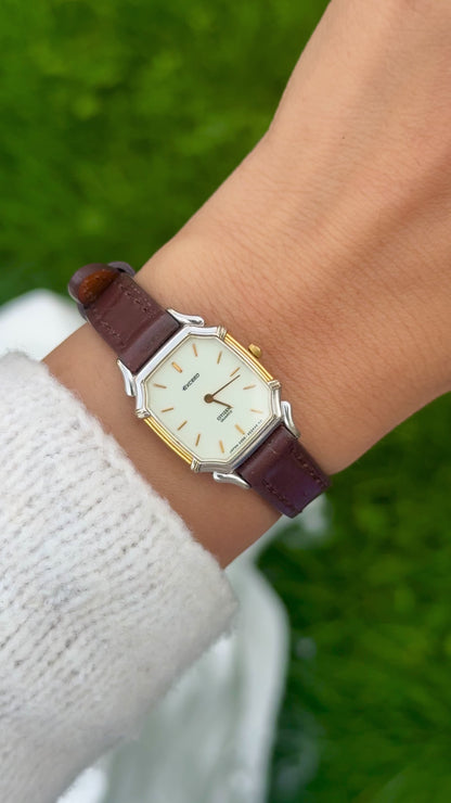 Vintage 1985 Citizen Exceed Watch Ultra Thin - Gold Plated Case, Genuine Handmade Leather