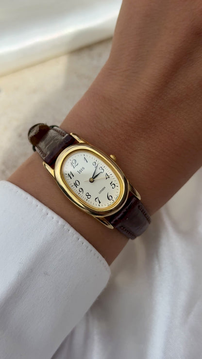Citizen Baignoire Vintage Watch 1997 - Original leather and buckle, gold plated