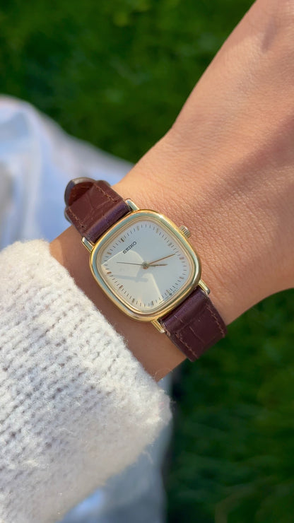 Vintage 1985 Seiko Watch - Gold Plated Case, Genuine Handmade Leather