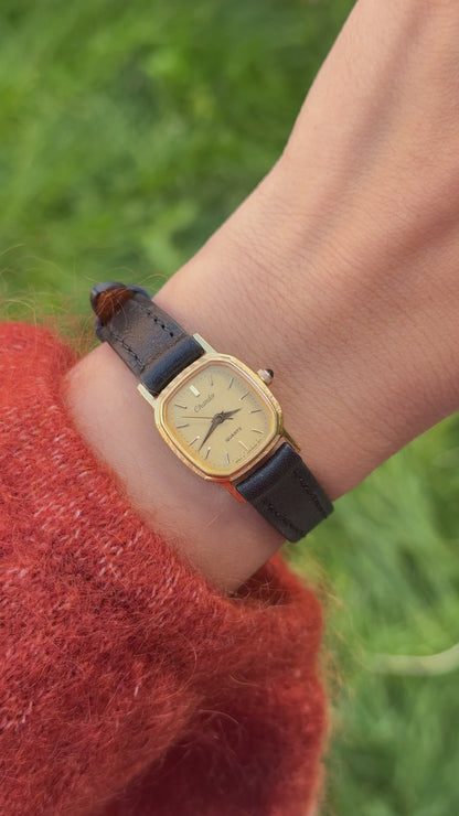ORIENT Chandor Vintage Watch 1980s - Gold Plated, Black Genuine Leather