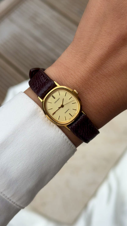 ORIENT Vintage Watch 1980s - cushioned case, gold plated, handmade leather